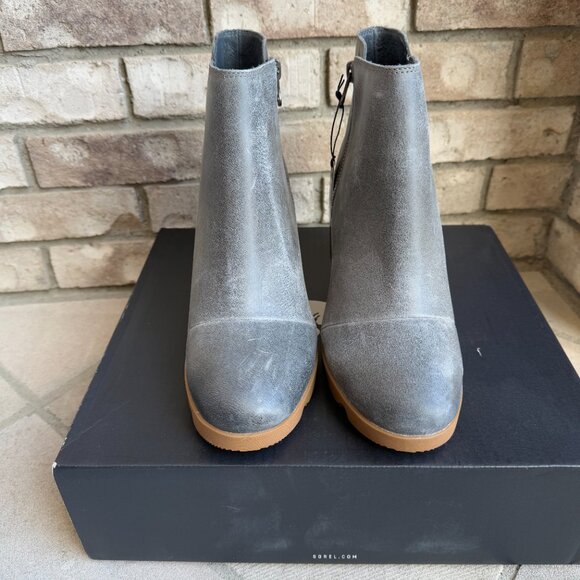 SOREL JOAN UPTOWN ZIP BOOTIE 11 Women's Wedge Boot Grey Waterproof Leather New - Picture 3 of 11